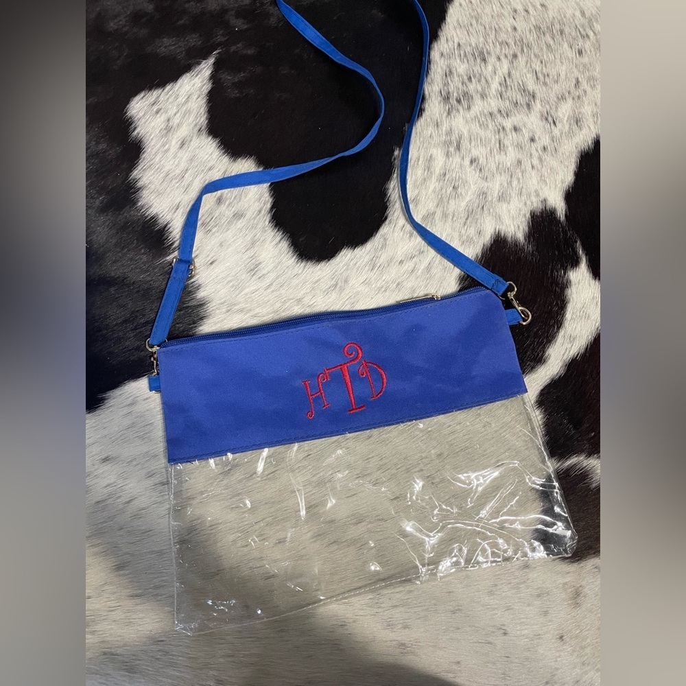 Clear‎ Crossbody Bag with Royal Blue Trim HTD Initials